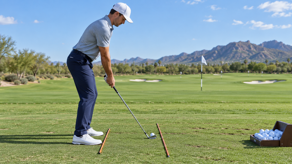 Golfer Addressing Ball at Sunny Range